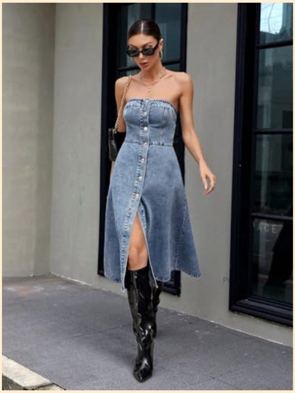 Sleeveless Strapless Denim Tube Dress Button Down A-Line Swing Midi Dress - Picture 3 of 6